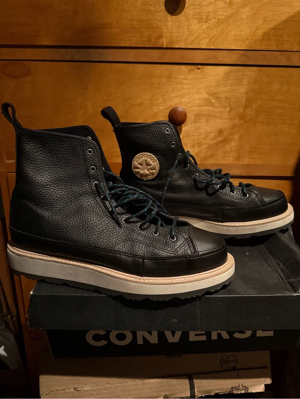 Converse Black Cream Blue Leather High-Top Boots Style Shoes